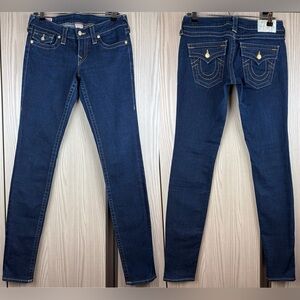 NWOT True Religion ‘Julie’ Skinny Jeans~ in Dark Blue Wash w/Gold Crystal ~ 29